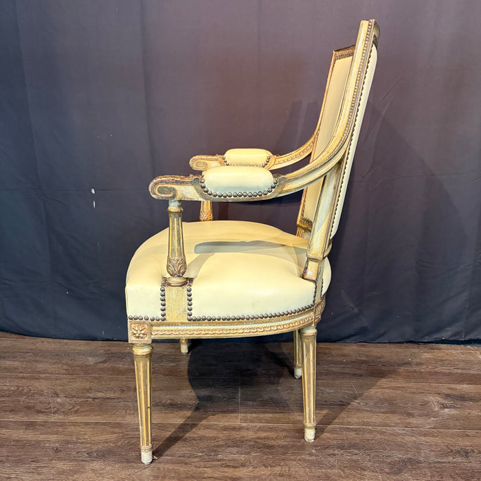 Pair Antique French Louis XVI Carved Giltwood Fauteuil Armchairs