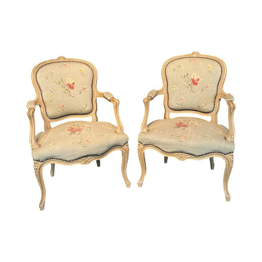 Antique French Pair of Painted Louis XV Armchairs or Fauteuils
