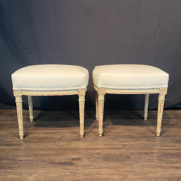 French Pair Louis XVI Painted Footstools or Ottomans