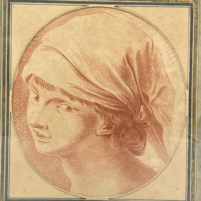 18th Century French Sanguine Red Chalk Drawing of a Boy in a Kerchief in Early Gold Gilt Frame