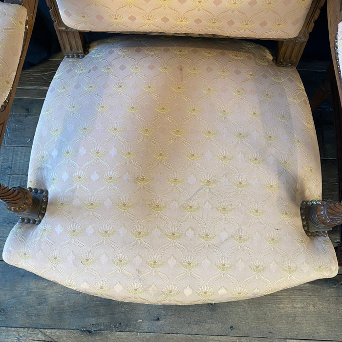 Pair of French Louis XVI Hand Carved Walnut Armchairs or Fauteuils Late 19th/Early 20th Century