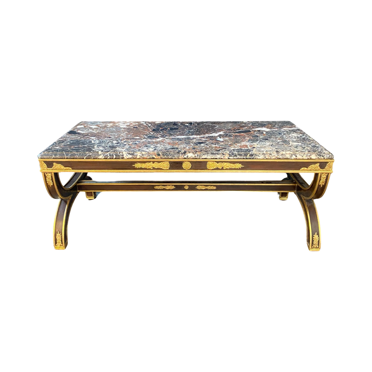 Elegant French Antique Neoclassical Ebony and Gold Gilt Marble Top