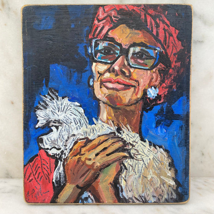 Original Oil Portrait of Woman and Pet White Maltese or Shih Tzu Dog British Signed Pet Portrait