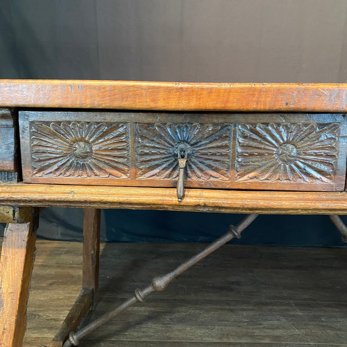 Antique Spanish Baroque Walnut Writing Table, Desk or Console with Iron Stretchers