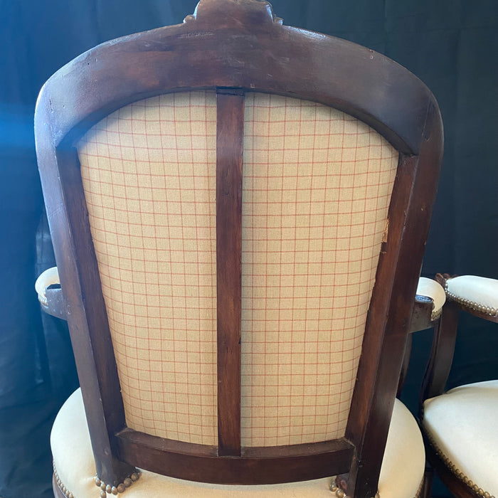 French Pair Louis XVI Carved Mahogany Fauteuil Arm Chairs