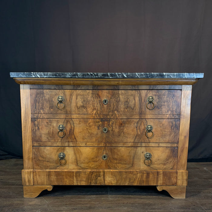 19th Century French Burled Wood Commode, Dresser or Chest of Drawers with Marble Top and Lion Pulls