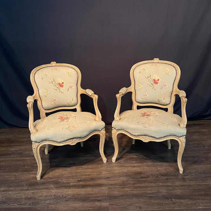 Antique French Pair of Painted Louis XV Armchairs or Fauteuils