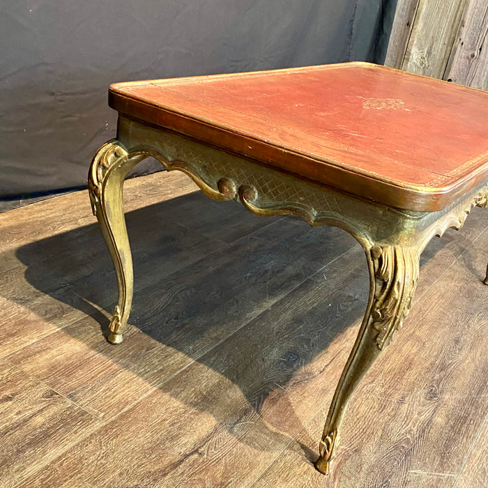 French Louis XV Coffee Table Gold Gilt Paint Carved with Leather Embossed Top