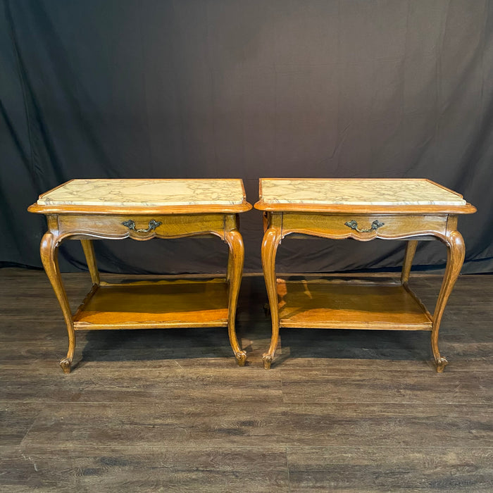Pair French Louis XV Style End Tables or Side Tables with Exquisite Marble Tops