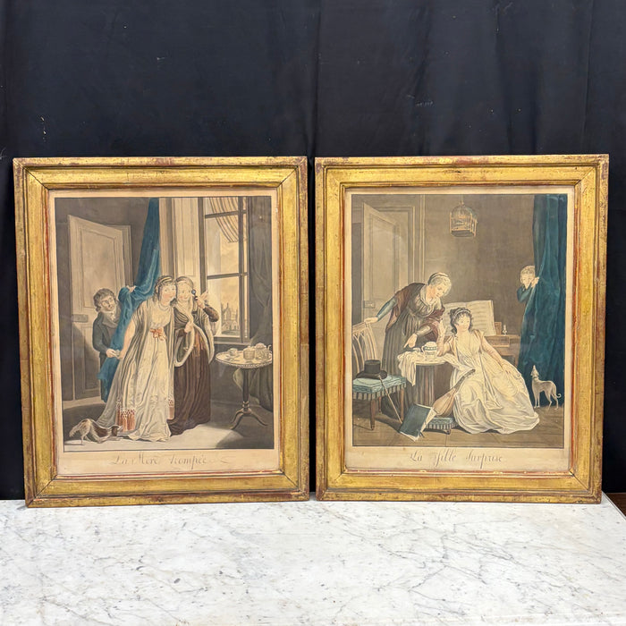 Matching Pair of late 18th Century Desnoyer Artwork: French Color Engravings Framed in Period Gold Leaf Frames