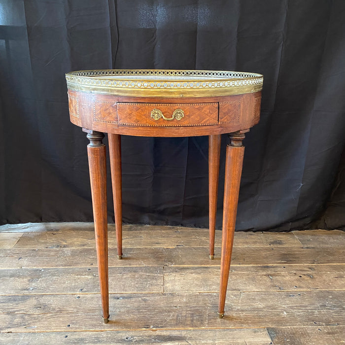 19th Century French Round Carrera Marble Top Side Table, Accent Table or Bouillotte Table with Original Exquisite Napoleonic Figural Pulls and Bronze Gallery