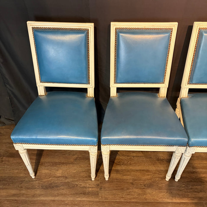 Set of Eight French Louis XVI Painted Dining Chairs in Blue Leather Circa 1920
