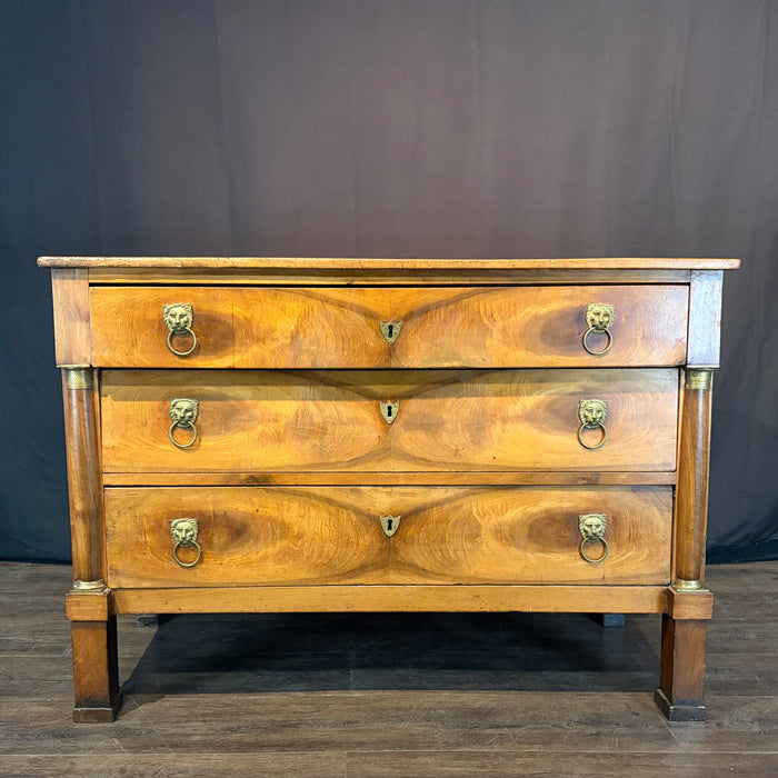 19th Century French Walnut Commode, Dresser or Chest of Drawers with Lion-Head Pulls