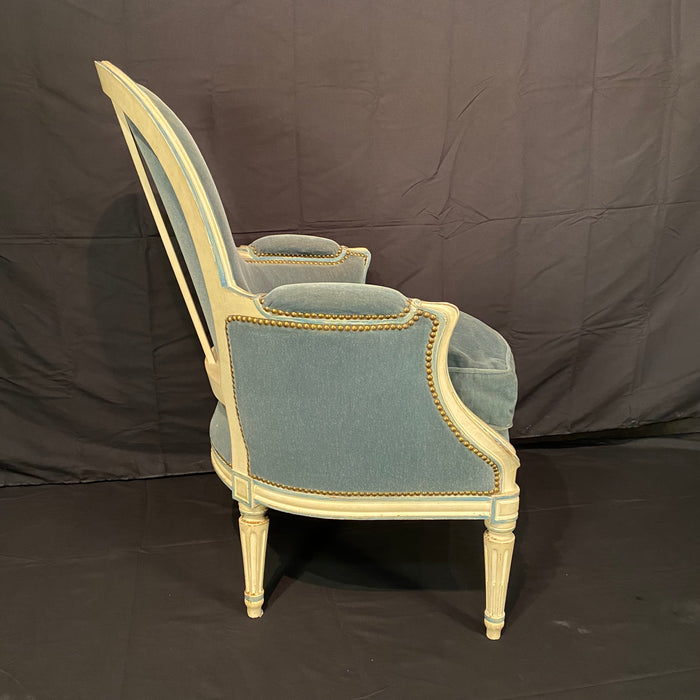 Pair of Antique French Louis XVI Armchairs or Bergere Chairs in Original White Paint and Blue Mohair Upholstery