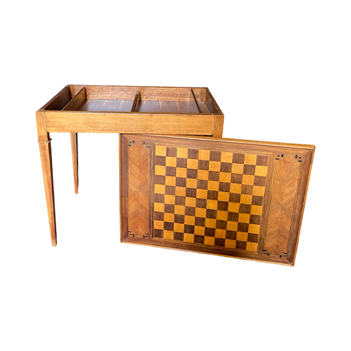 French Louis XVI Walnut Game Table with Reversible Embossed Leather Top, Marquetry Games Play Board and Inlaid Backgammon Board