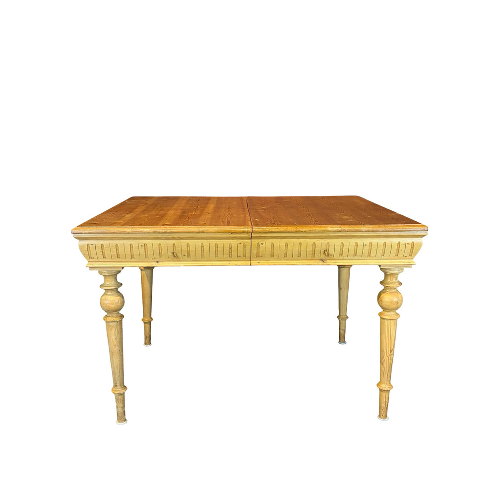 Swedish Gustavian Style Pine Extension Dining Table with Two Leaves and Carved Fluted Apron