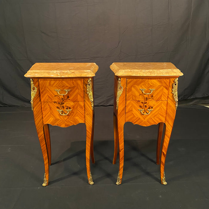 French Louis XV Pair Marble Top Nightstands or Side Tables Mid 20th Century