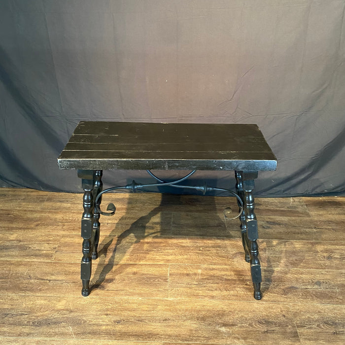 Antique Ebony Spanish Side Table, Accent Table or Console Table with Turned End Supports Joined by Iron Stretchers