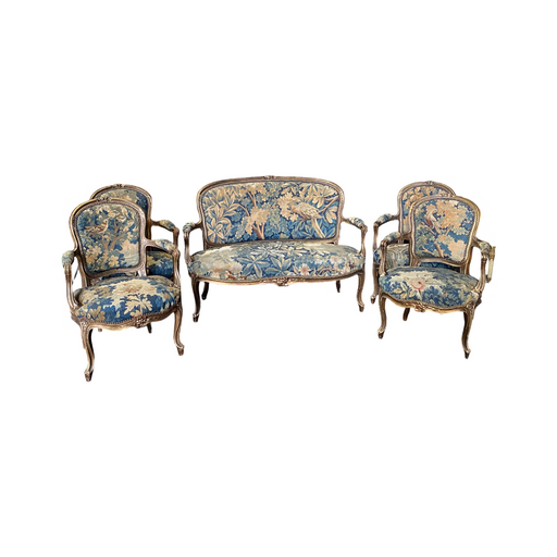 Regal Aubusson Bird Tapestry Upholstered Salon Suite or Parlor Suite with Loveseat Sofa or Settee and 4 Armchairs