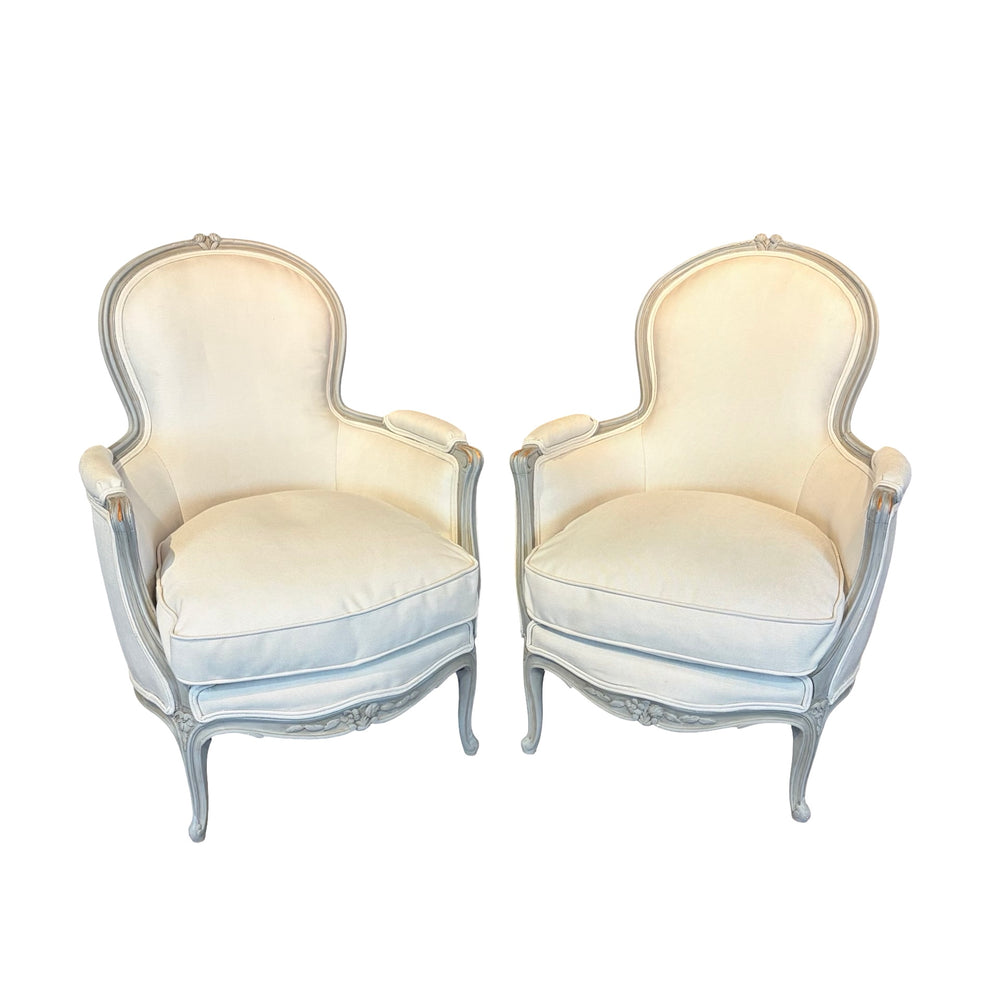 Pair of Antique French Louis XV Painted Bergère Armchairs