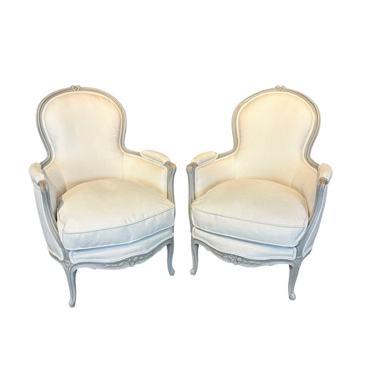 Pair of Antique French Louis XV Painted Bergère Armchairs
