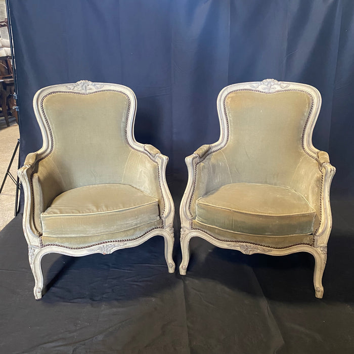 Pair of Period Carved French Louis XV Moss Green Original Mohair Armchairs or Bergeres in Original Paint with Brass Beading