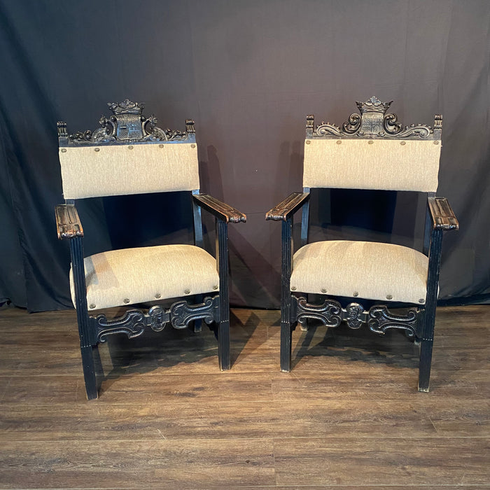 Pair 18th Century British Baroque or Renaissance Revival Armchairs or Fauteuils