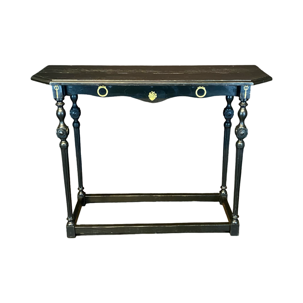 Ebony Spanish Side Table, Sofa Table, Console or Accent Table with Turned and Reeded Legs and Bronze Embellishments