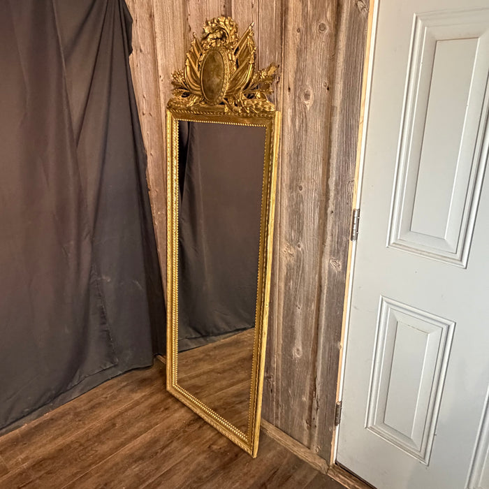 Exceptional Antique French Neoclassical Giltwood Tall Pier Mirror with Elaborate Carved Crest, Original Gold Leaf Gilding