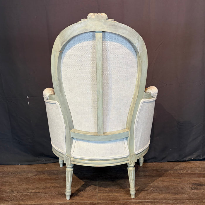Pair of Antique French Louis XVI Carved and Painted Bergère Armchairs with New Upholstery