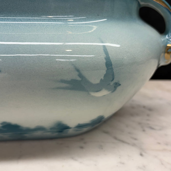 French Faience Three-Piece Vase and Jardinière Set with Swallows by Keller and Guerin