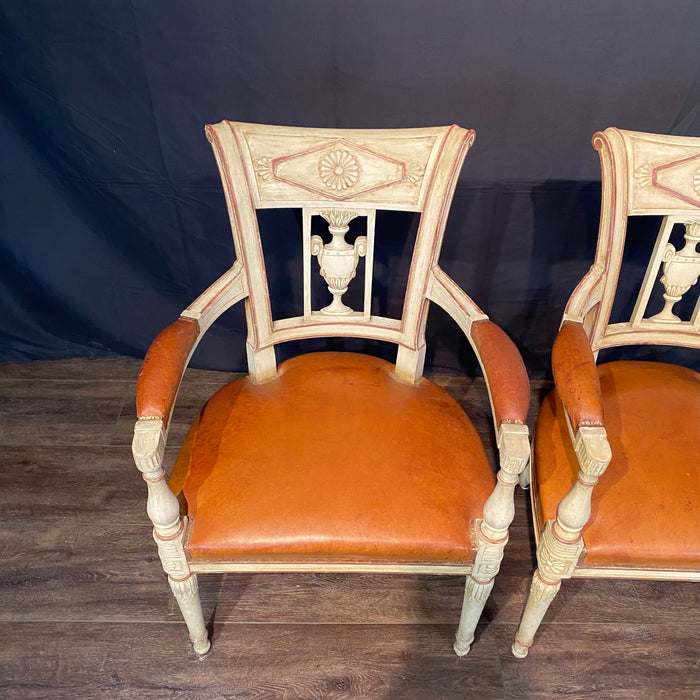 Spectacular Pair of French Neoclassical Figural Leather Armchairs or Fauteuils with Original Paint