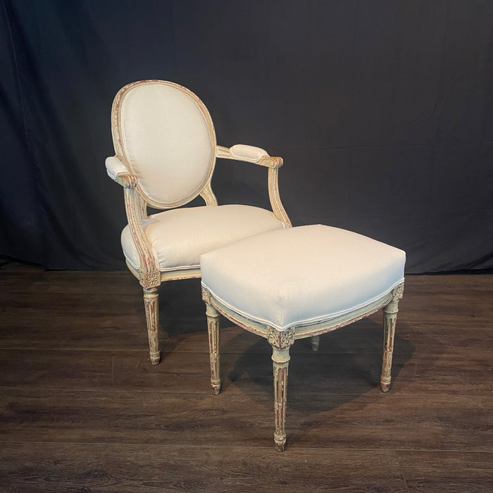 French Pair Louis XVI Armchairs or Fauteuils with Matching Footstools or Ottomans