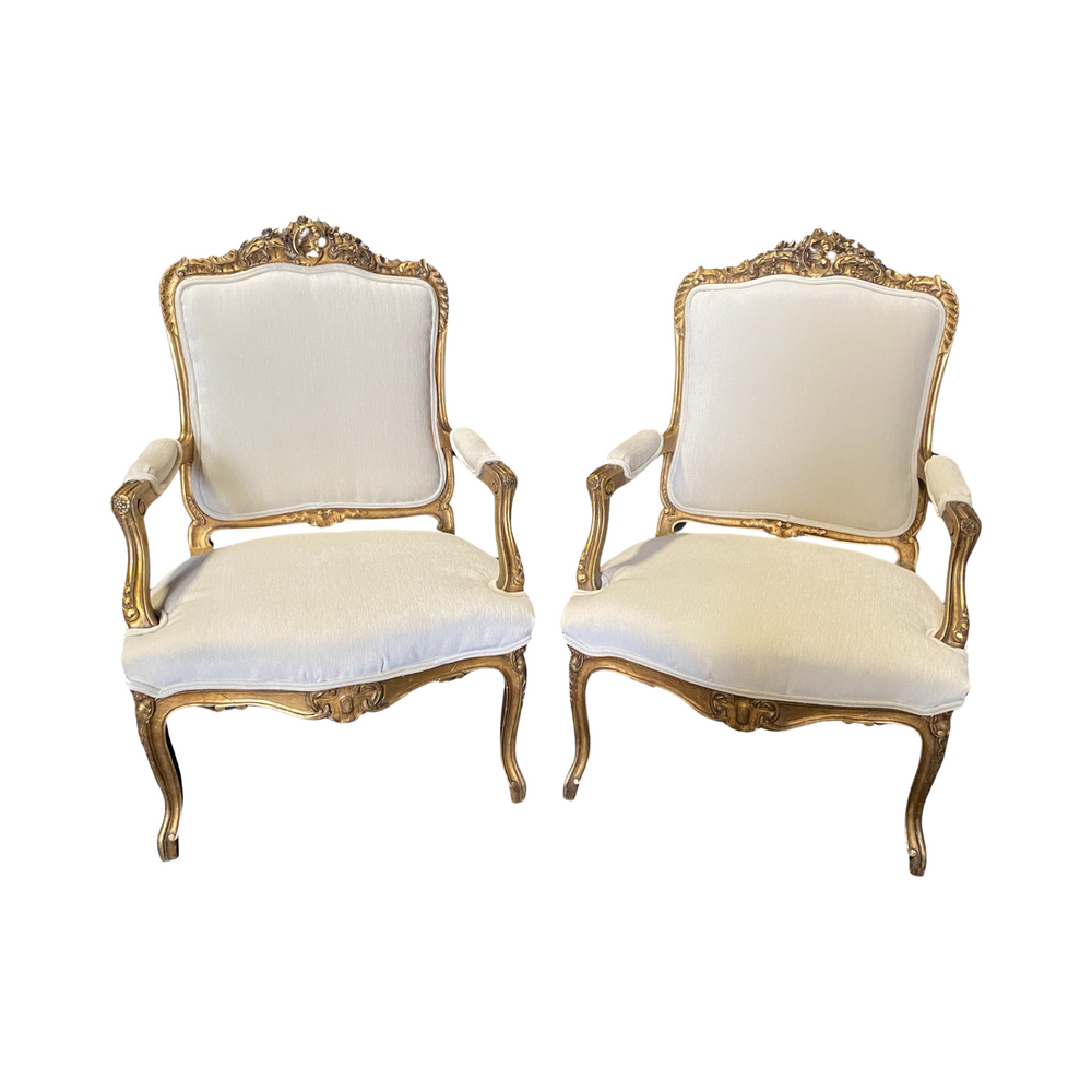 Pair of Antique French Louis XV Fauteuil Arm Chairs Exquisitely Carved with Original Gold Giltwood Paint