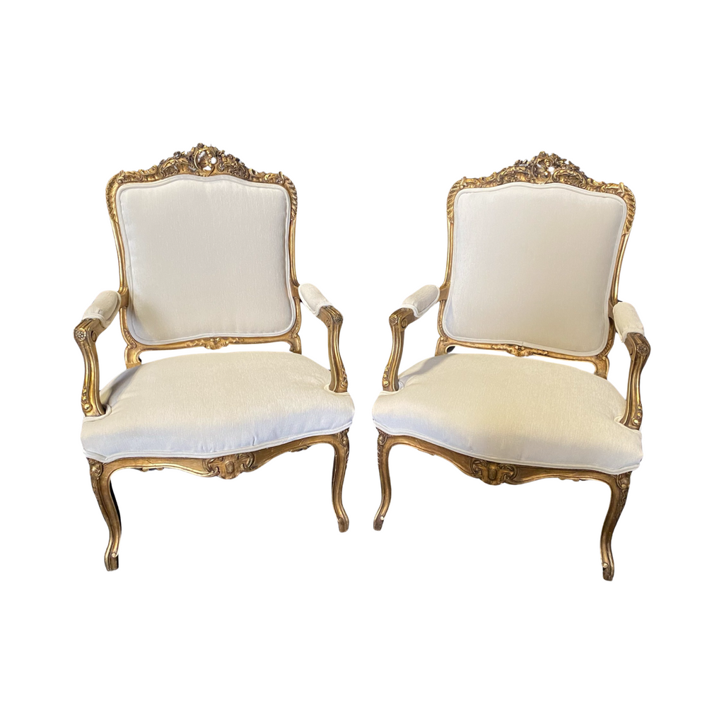 Antique Pair of Louis XV Revival Giltwood Armchairs 19 C : AnticSwiss