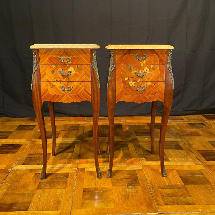 Pair French Louis XV Satinwood Nightstands with Inlaid Marquetry and Marble Tops