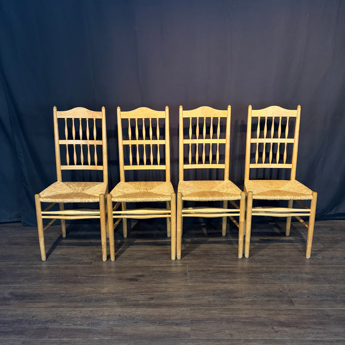 Set of Four Swedish Gustavian Style Country Spindle Back Dining Chairs with Rush Seats