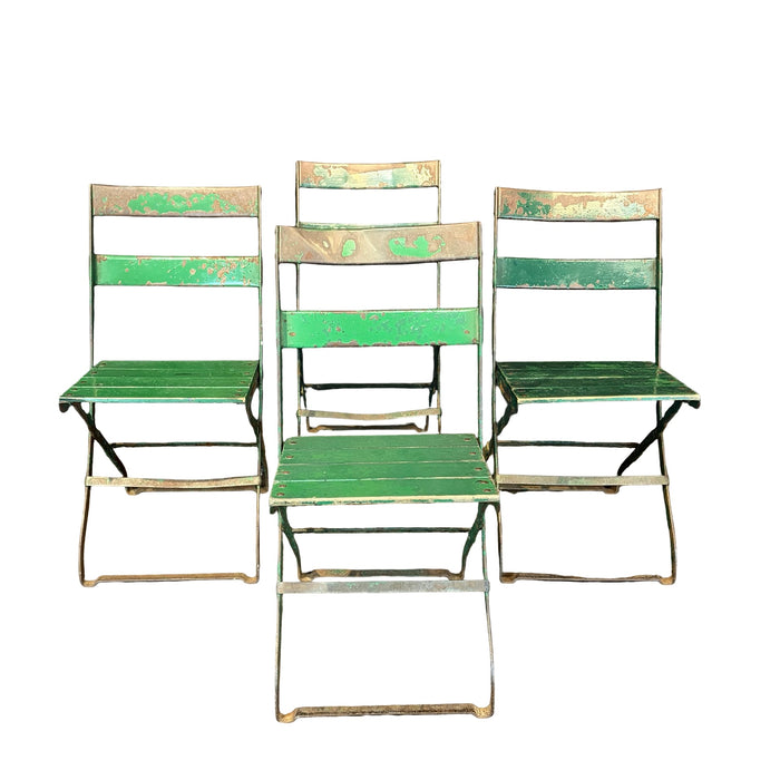 Antique French Folding Cafe' Bistro Chairs in Metal and Wood: Set of Four