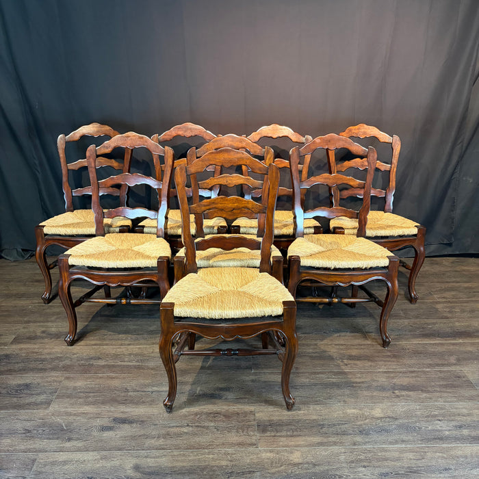 Set of Eight French Louis XV-Style Walnut Dining Chairs with Rush Seats