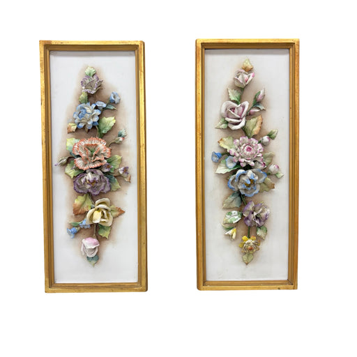 Pair of Italian Capodimonte Style Porcelain Flower Wall Plaques in Gilt Frames