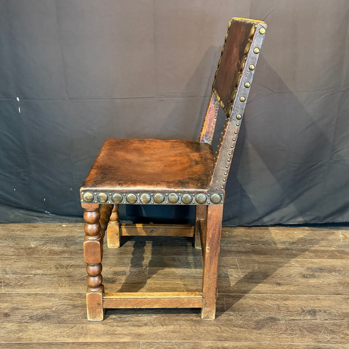 French Antique Set of Leather and Nailhead Dining Chairs with Bobbin Legs