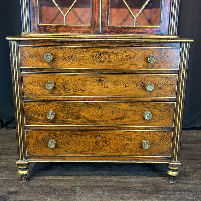 Early 19th Century English Regency Faux Rosewood Secretary Bookcase with Writing Drawer