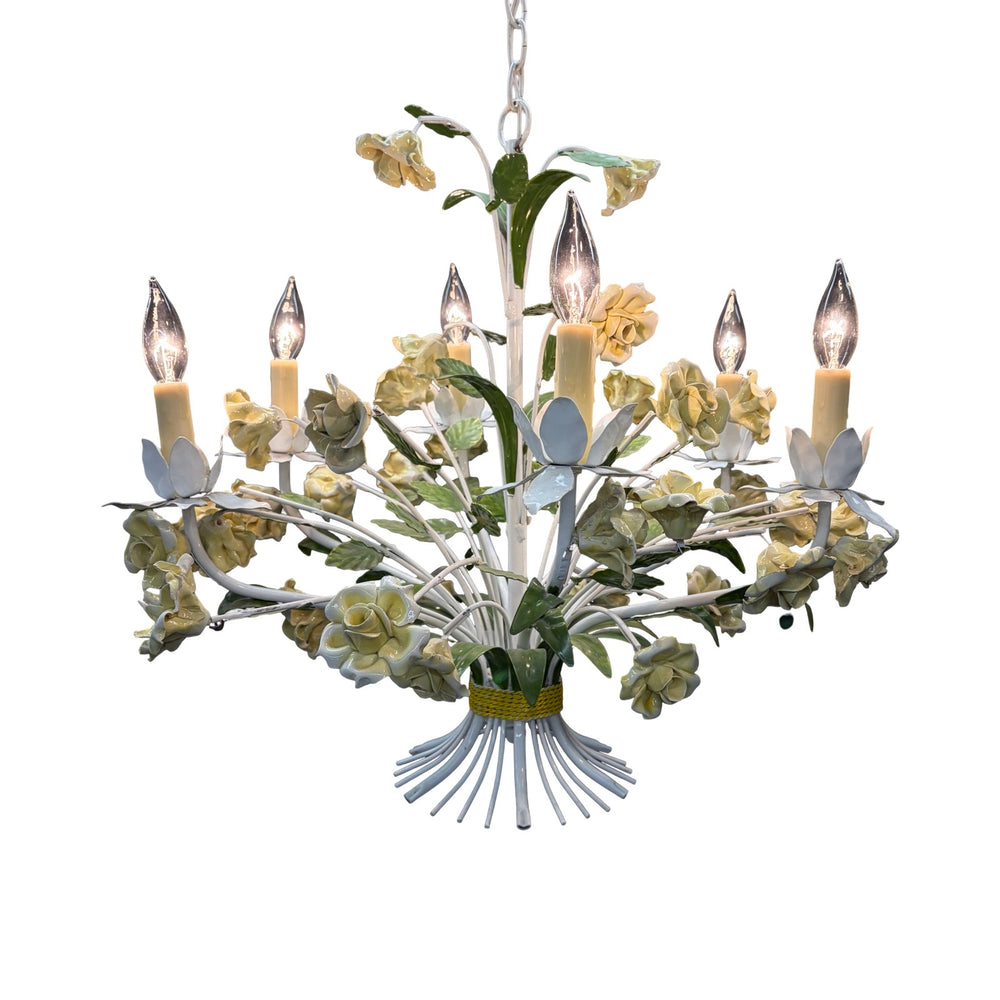 Vintage Italian Style Tole Painted Floral 6-Arm Chandelier With Rose Flowers and Leaves