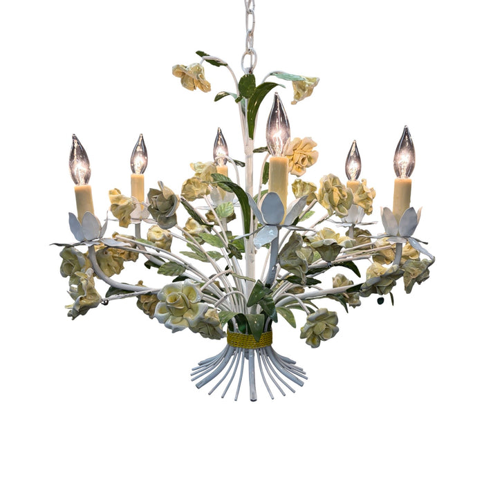 Vintage Italian Style Tole Painted Floral 6-Arm Chandelier With Rose Flowers and Leaves