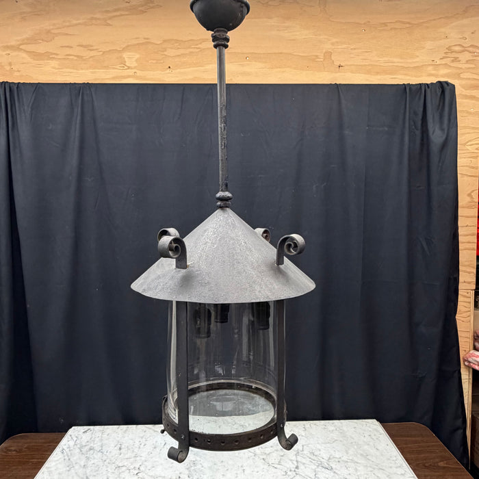 Antique Cast Iron Gas Lantern Pendant Light, Converted Gas Ceiling Fixture with Glass Shade