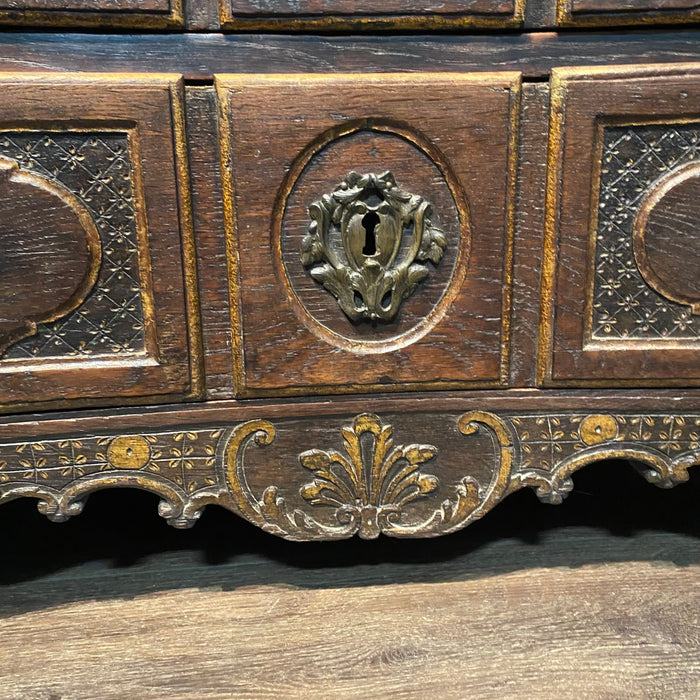 Early 19th Century French Louis XV Commode, Dresser or Chest of Drawers with Ebony Accents and Carved Drawer Front French Carved Louis XV Chest of Drawers