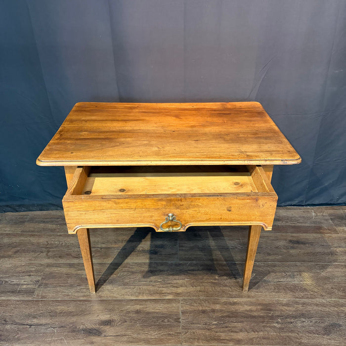 Antique French Neoclassical Fruitwood Side Table or Desk with Drawer and Brass Ring Pull