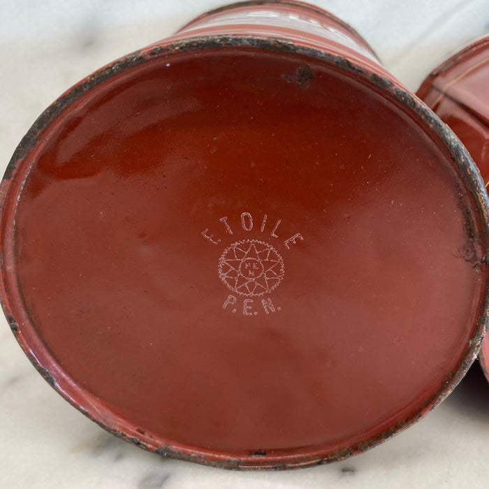 Set of Five French Reddish Brown Enamel Kitchen Canisters with Original Lids