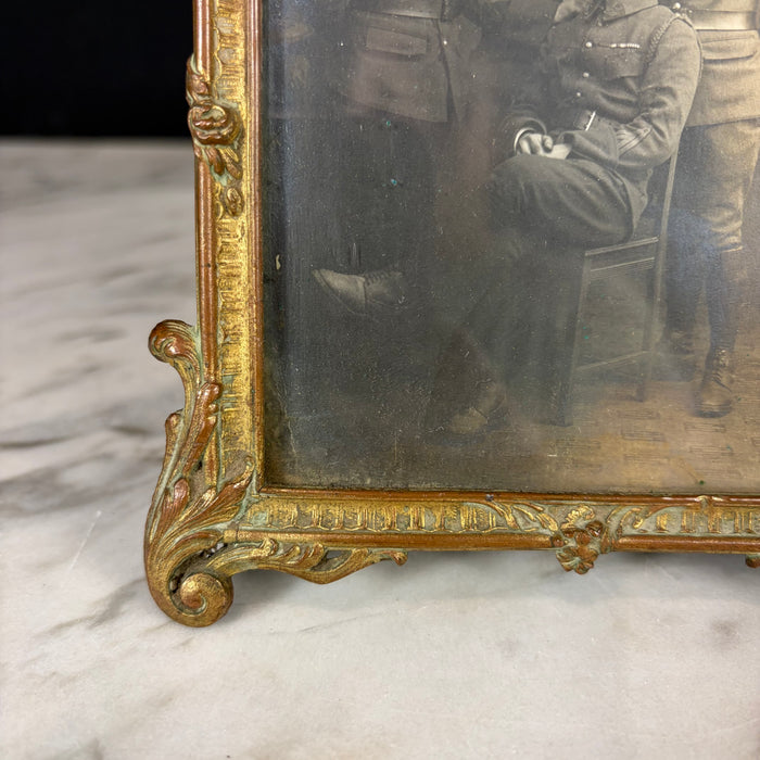 Antique French Ornate Gilt Metal Photo Frame with Original Military Portrait