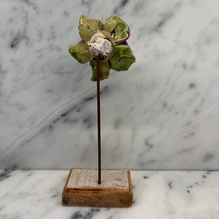 Antique French Purple Porcelain Violet Flower Botanical Sculpture on Custom Display Stand